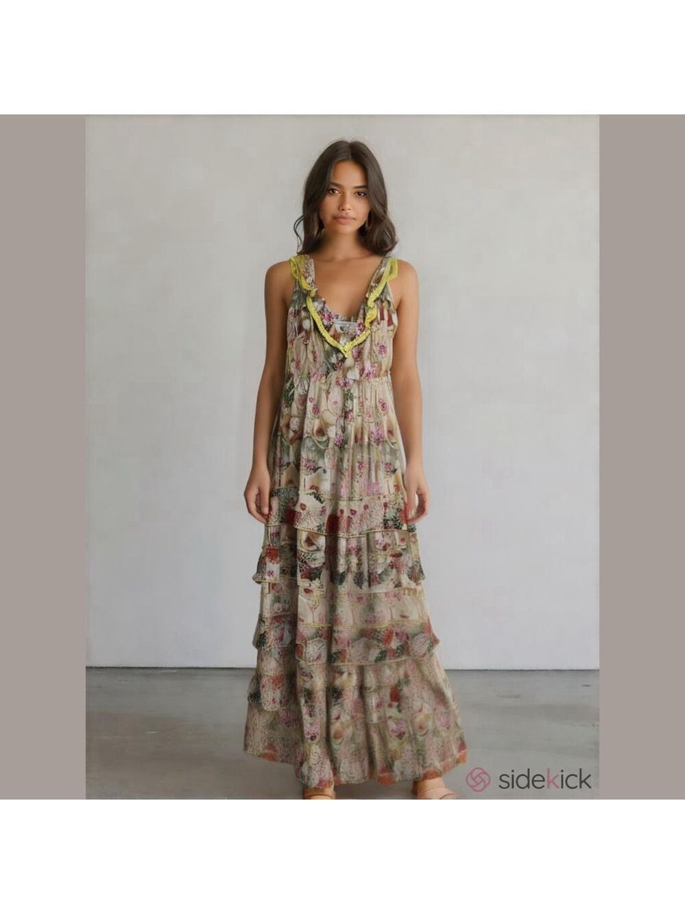 JAK Floral Tiered Ruffle Maxi Boho Sundress (Lg)